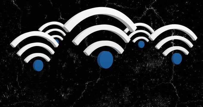 Scattered tiny Wi-Fi symbols appearing, scaling and grouping into pulsing trio to show connectivity