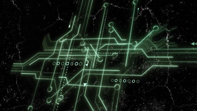 Initial faint glow intensifying, neon-green circuit traces sliding and pulsing to show signal flow