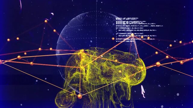 Yellow cloud emerging from globe driving orange nodes pulsing rotating forming pyramid showing data