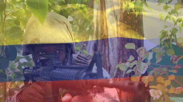 Military soldier spotting movement and aiming rifle to engage threat, tricolor overlay fixed