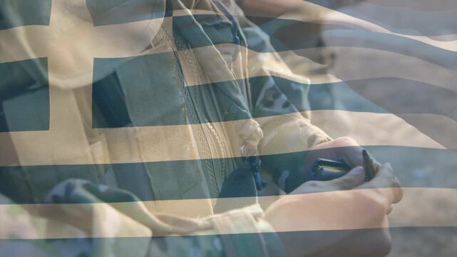 Hands reaching into palm, rotating and tapping device while examining under Greek flag overlay