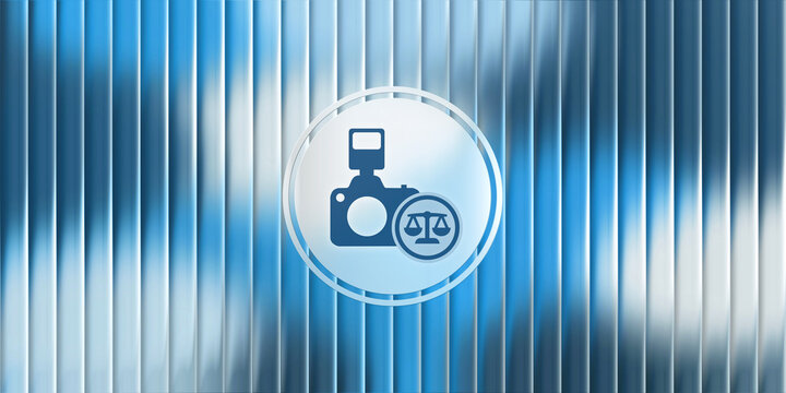 Photography Copyright Law and DMCA Protection Concept with Camera Icon on Blue Glass Background