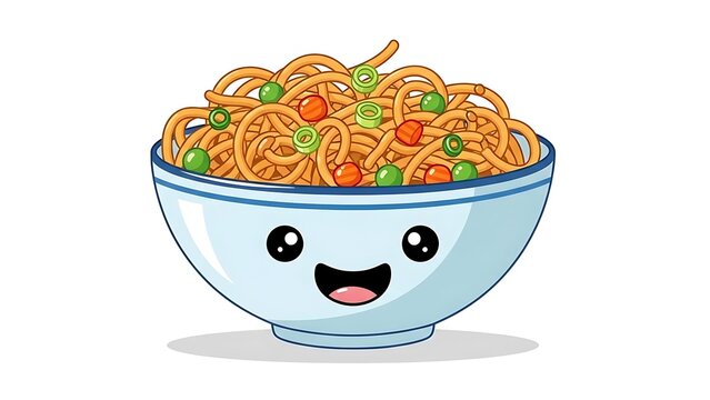Cartoon Happy Noodle Bowl with Vegetables.