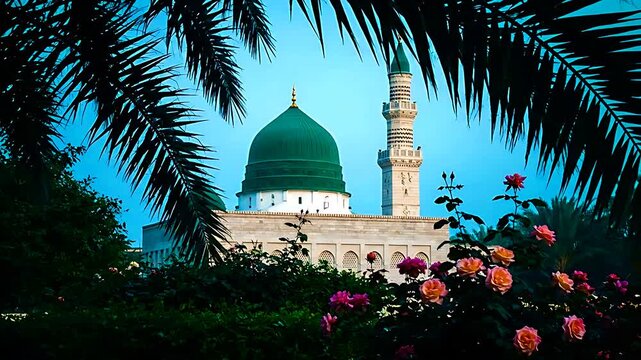 The serene and iconic green dome and minaret of Al-Masjid an-Nabawi mosque framed beautifully by lush palm fronds and vibrant pink roses at twilight.