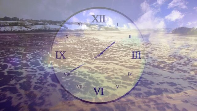 Clock face fading triggers hands rotating and jumping on dial, showing time passing over shore