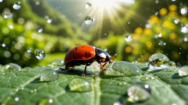 Ladybug Drinking Water on Green Leaf in Nature Environment