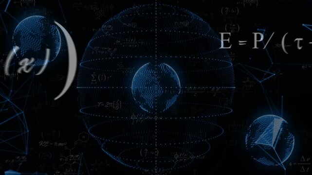 Sliding formulas entering, starting central blue globe rotating and rings pulsing, showing data