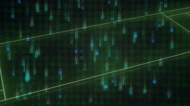 Scanlines starting white lines, wireframe plane forming as binary rain cascades, showing scan
