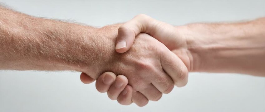 Close-up of a firm handshake between two men on white background, symbol of partnership, business agreement, trust, and successful collaboration.