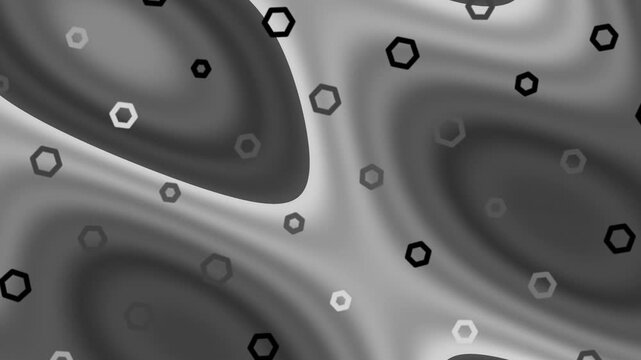 Abstract gray-scale image featuring flowing, rippled shapes interspersed with various hexagonal shapes
