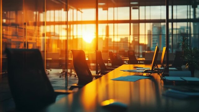 Modern corporate meeting room bathed in warm golden hour light through large windows, with an empty conference table, chairs, and laptops ready for business