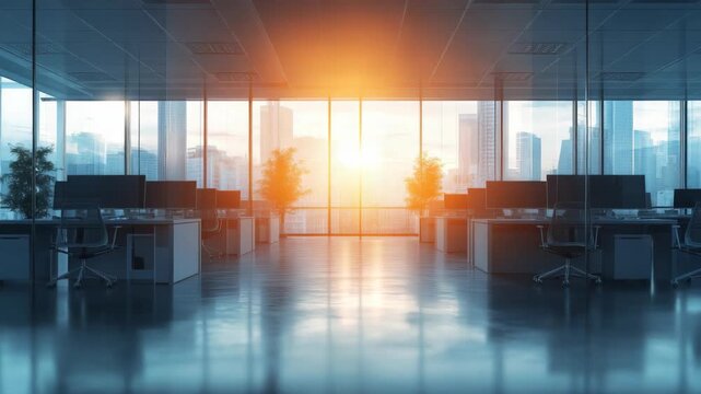 Bright and contemporary business office with empty workstations, bathed in glowing morning light from floor to ceiling windows facing a dynamic cityscape