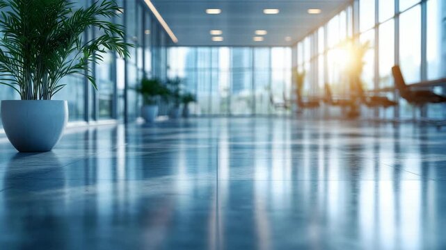 Empty modern office corridor with sunlit windows, potted plant, and polished floor reflections showcasing a bright professional business building interior