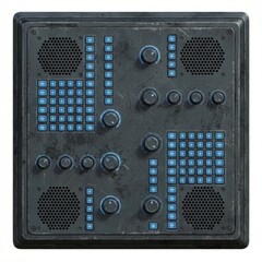 Detailed 3D render of a distressed retro-futuristic control panel featuring illuminated blue buttons, rotary knobs, and speaker grilles, isolated on white.