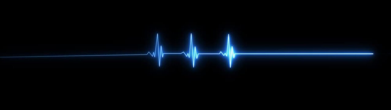 ECG heartbeat line glowing on a deep black background, with sharp pulse peaks and smooth flat segments, symbolizing heart activity, life monitoring, and medical diagnostics in a futuristic digital.