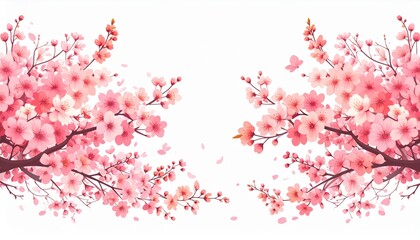 Floral Cherry Blossoms on Branches in Springtime with White Background