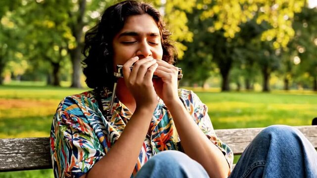 A person playing harmonica softly on a park bench, melodic tunes, relaxed afternoon.