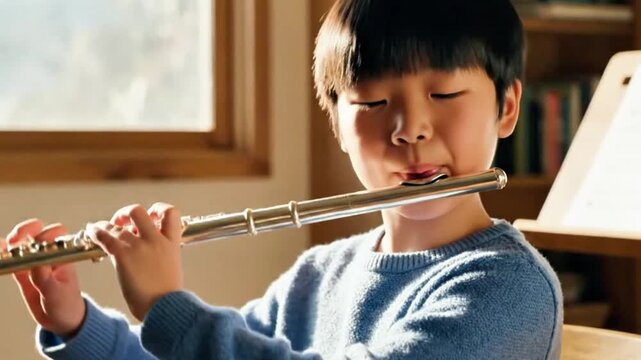 A person practicing flute, soft melodies in a quiet room, gentle finger movements.