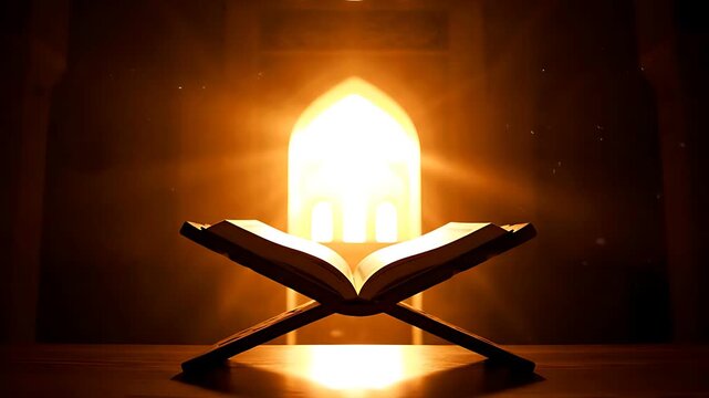 Illuminated open holy book resting upon a traditional wooden rehal stand radiating divine light near an arched doorway, creating a serene and spiritual atmosphere for contemplation.