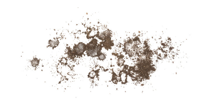 A pile of brown soil and dirt particles isolated on a clean white background, viewed from above