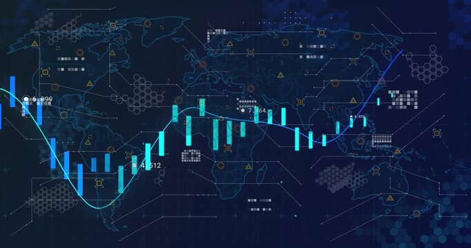 On start, candles and trendline oscillating across navy map, visualizing market trends with labels