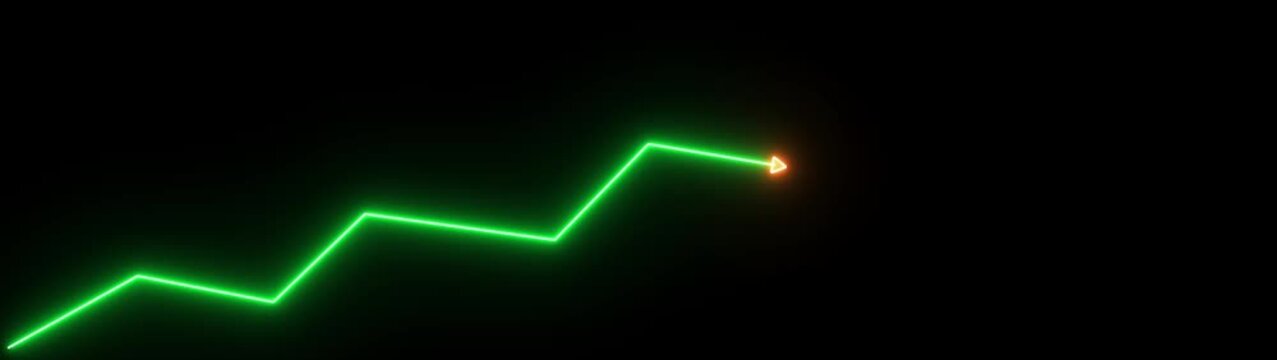neon glowing zigzag line with upward arrow on black background, representing growth trend, progress, and rising performance.