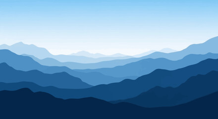 A serene landscape of layered blue mountains fading into a clear sky.