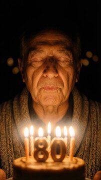 Elderly man blowing out candles on a birthday cake for his 80th anniversary. Senior grandfather making a wish in the dark. Longevity and celebration concept