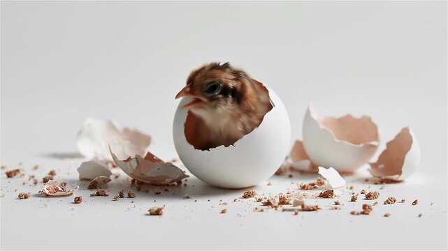 New chick hatches from egg and breaks through shell on white background