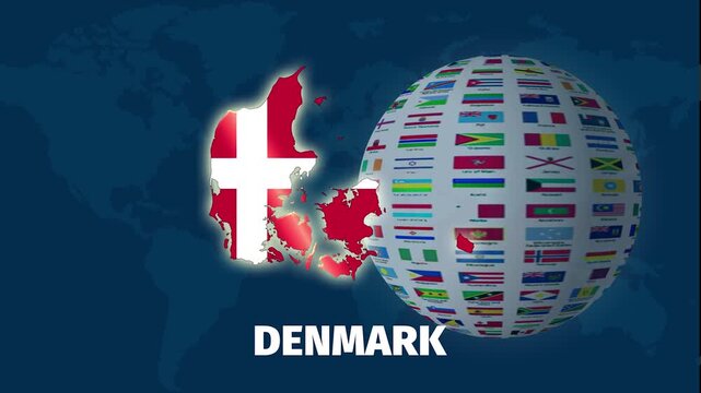 Denmark map animation, elegant video with rotating flag globe background