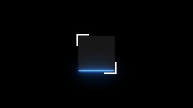 Modern futuristic square frame design with glowing neon blue light accents on a dark background. Minimal abstract UI panel featuring a luminous horizontal line and geometric corner brackets,