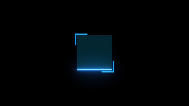 Modern futuristic square frame design with glowing neon blue light accents on a dark background. Minimal abstract UI panel featuring a luminous horizontal line and geometric corner brackets,