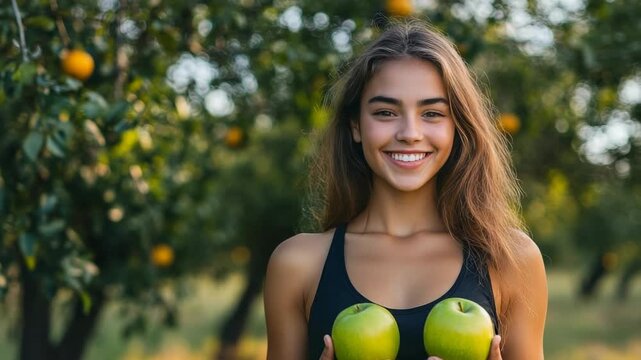 Smiling young woman holding two fresh green apples outdoors in a sunny fruit orchard, promoting healthy vegan superfood and clean eating
