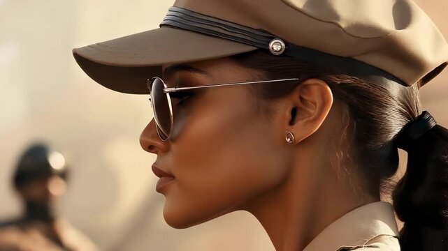 Focused professional woman wearing a cap and sunglasses as a site engineer or safety officer observes a work area
