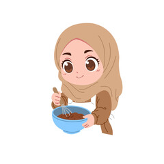 illustration of a cute hijab girl mixing cake batter