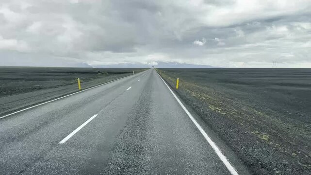 POV Driving East on Route 1 across M&yacute;rdalssandur Black Sand Desert, Iceland