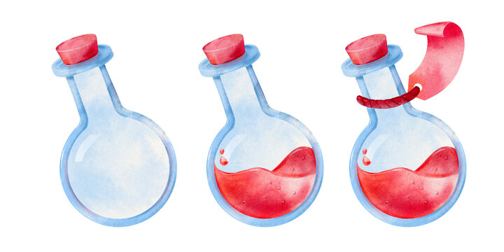 Set of hand painted love potion bottle with paper label, a cute hand drawn watercolor illustration for Valentine's Day.