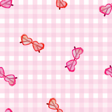 Seamless pattern for Valentines day, hand painted red and pink heart shaped glasses, love glasses a cute hand drawn watercolor illustration for Valentine's Day on pink checker texture background.