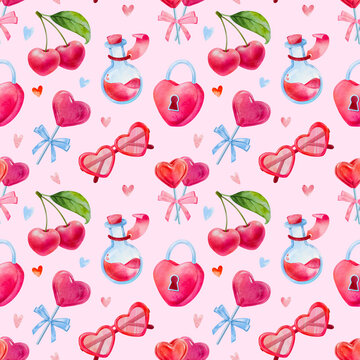 Seamless pattern for Valentines day, cherry, heart shaped candy, heart shaped lock, a cute hand drawn watercolor illustration for Valentine's Day on a light pink background.