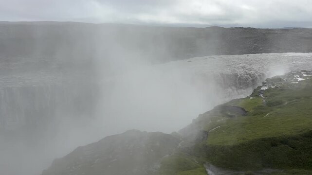 Close-up of the immense mist and spray from Dettifoss Waterfall, Iceland, Europe