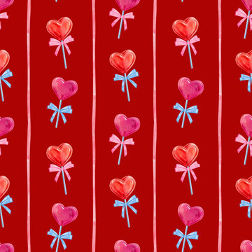 Seamless pattern for Valentines day, heart shaped candy, lollypop in a shape of a heart, a cute hand drawn watercolor illustration for Valentine's Day on a bright red background.