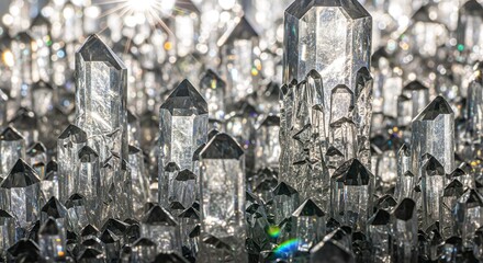 Abstract macro view of a crystalline structure resembling a city of sharp quartz crystals sparkling with light and color