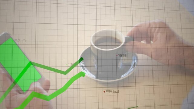 Left-hand tapping phone causing green charts moving across grid hand lifting cup, showing market