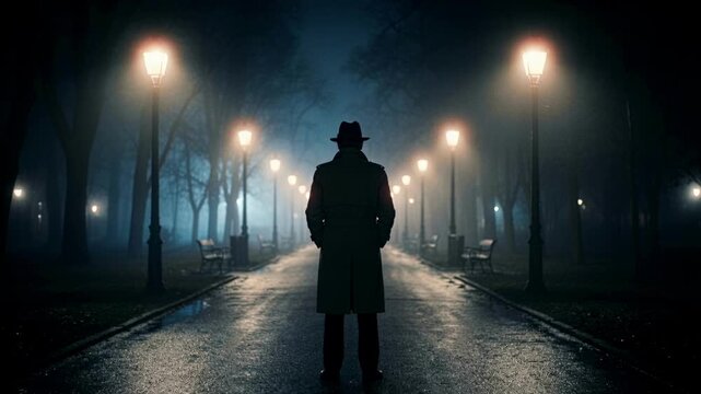 Silhouette of a mysterious man in a trench coat and hat standing on a foggy park alley at night. Detective or spy under streetlights in the rain. Noir atmosphere and crime concept