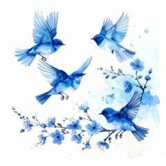 Obraz premium Watercolor Blue Birds with Floral Branch Isolated on White Background