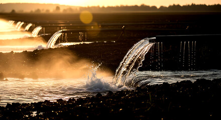 Agricultural Irrigation Pipes Spraying Water Over Field at Sunset