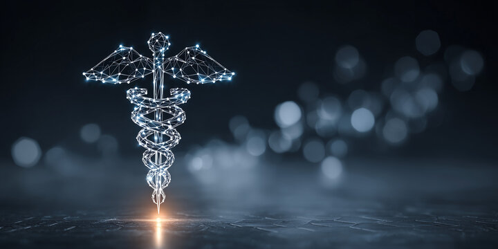 Digital caduceus symbol with glowing DNA helix and particle mesh on dark background ideal for futuristic medicine visuals, biotech presentations and health branding
