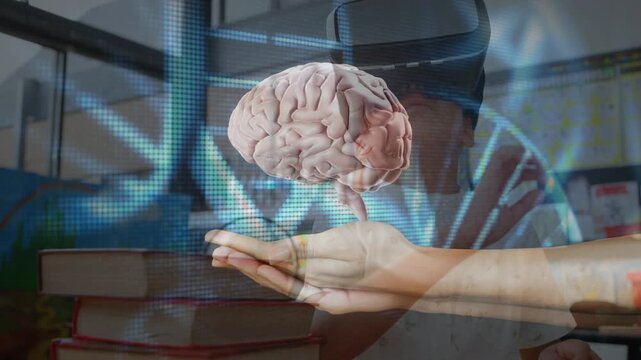 Boy with VR headset reaching, manipulating holographic brain above palms, studying DNA for learning