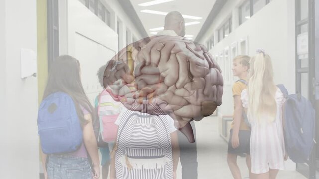 Male guide leading students down corridor, education brain overlay rotating obscuring backpacks