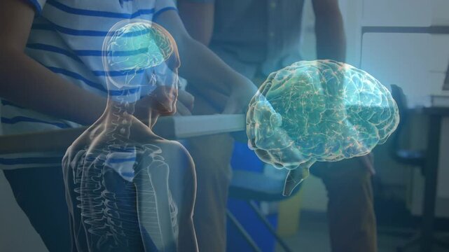 Animated overlay appearing over boy gripping parallel bars in rehab, brain hologram pulsing beside